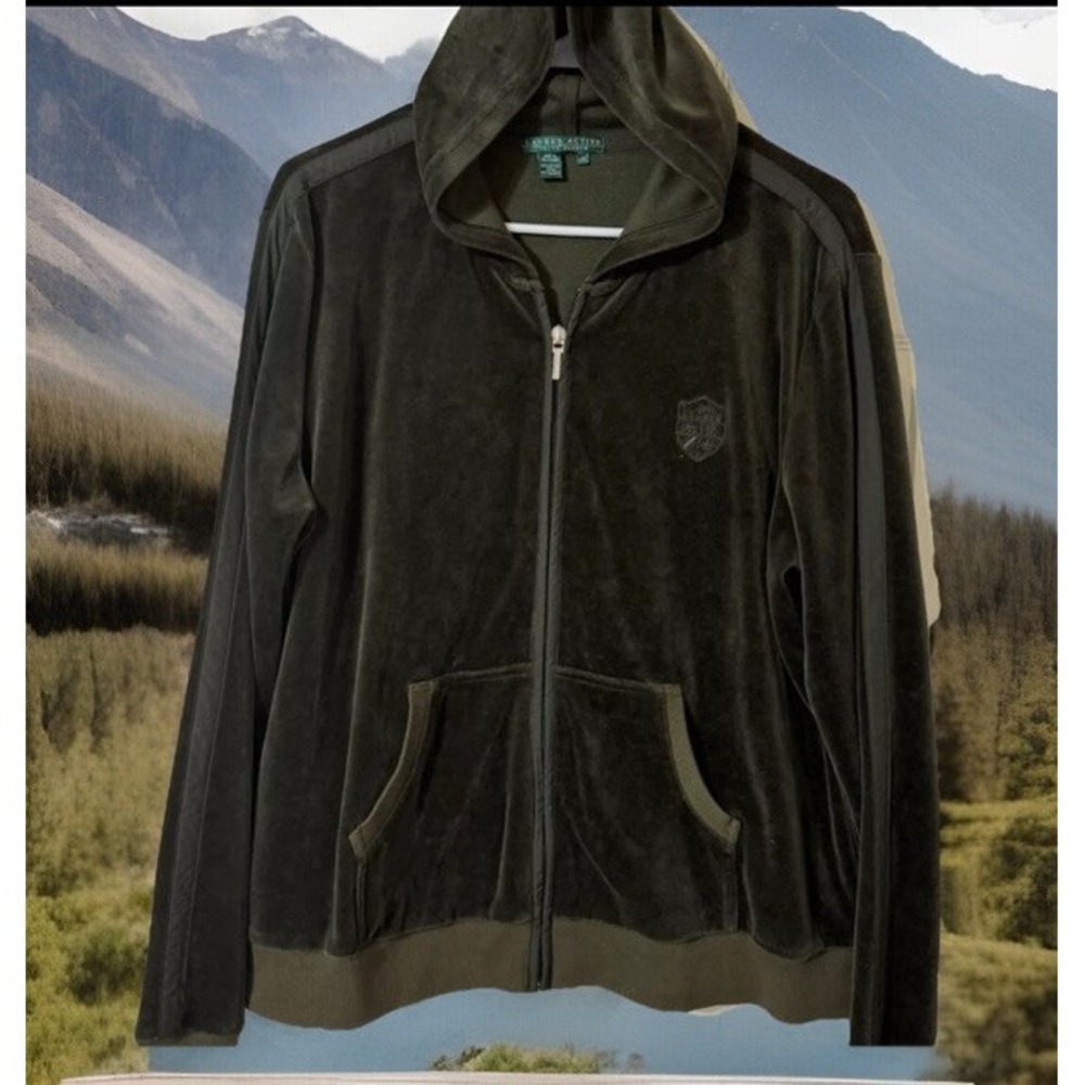 EUC Y2K Lauren Active Ralph Lauren Green Velour Track Jacket Hoodie-L